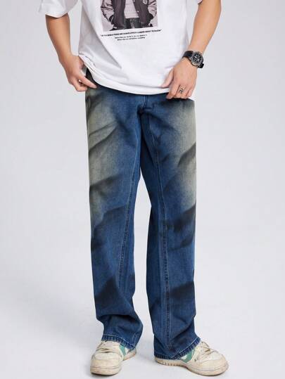 Chillumni Plus Size Men's Simple Fashion Casual Everyday Denim Jeans, Plain Dark Blue Long Distressed Straight Leg Dark Wash Jeans Cargo Jeans, For Husband, Boyfriend Gifts