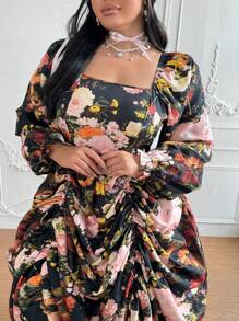 Lyrianda Plus Size Square Collar Floral Oil Painting Print Long Sleeve Drawstring Ruched Vintage Elegant Palace Style Maxi A-Line Dress For Party & Occasion