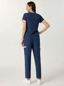 TaskEZ Contrast Color Short Sleeve Top And Pants Uniform Scrub Set, Nurse - Navy Blue - View 2