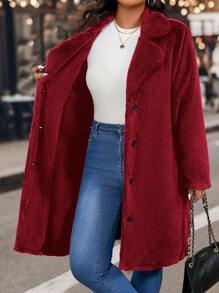 SHEIN LUNE Plus Size Women Casual Reversible Fluffy Dzianinowa Luźna Kurtka Kołnierzowa, Jesień/Zima Na Ubrania Noworoczne