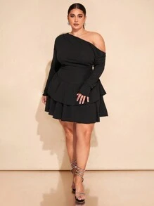 SHEIN BAE Plus Size Curve Women's Black Brushed Warm Asymmetrical One Shoulder Long Sleeve Layered Ruffle Bubble Mini Dress Winter Women Clothes Christmas Women Clothes Thanksgiving Women Outfit Fall Women Clothes Party Women Dresses Sundress Elegant Women Dresses Formal Dress Fall Women Outfits Elegant Dress Birthday Outfit