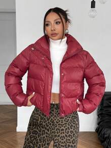 SHEIN EZwear Cappotto imbottito casual con zip frontale a maniche lunghe di colore rosso per l'inverno - Rosso - Visualizzare 3