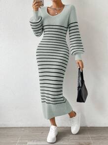 Chiquease Váy len bó cổ tròn kẻ sọc thường ngày cho nữ, mùa thu/đông - Màu xanh Bạc hà - Xem 3