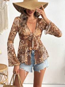 SHEIN VCAY 女士休闲花卉印花喇叭袖透视衬衫，适合度假 - 彩色 - 查看 4