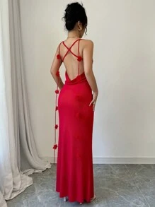 Chiquease French Fashion Sexy Bodycon Spaghetti Strap Ruffled Draped Neck Backless 3D Floral Knit Elastic Red Long Mermaid Dress For Women, Autumn For New Year Clothes Maxi Women Outfit - Red - View 2