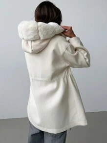 Aloruh 女士纯色拼布毛领长袖长款休闲大衣，秋冬 - 杏色 - 查看 2