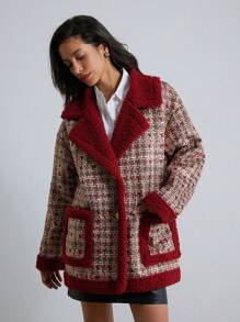 Aveloria Modichic 女士格子仿羊毛内衬常规夹克，黑帮妻子风格，适合秋冬季保暖的仿皮飞行员夹克，带博格衬里节日派对服装 - 彩色 - 查看 5