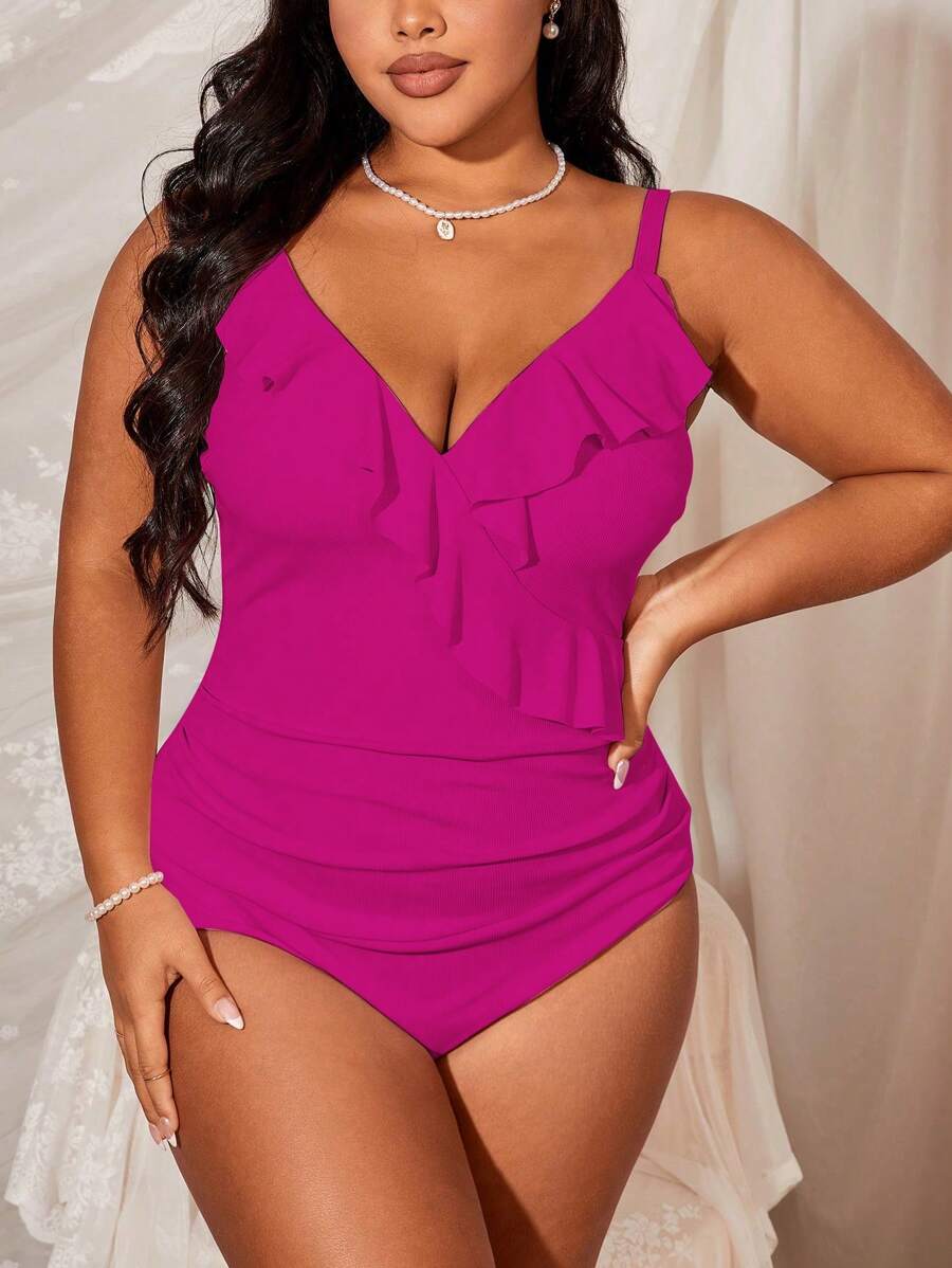 Swim Lushoire Plus Size Women One-Piece Swimsuit With Flounced V-Neck, Spaghetti Strap, Summer Beach