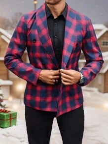 Manfinity Mode Men's Classic Red Plaid (Asymmetric) Shawl Collar Double-Breasted Suit Jacket, Full Of Christmas Atmosphere, Suitable For Party Occasions - Red - View 6