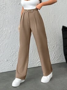 EURMUSE Damen stilvolle Einfarbige hochgeschnittene Bundfalten-Hose mit gerader Schnittform und mehreren Knopfdetails - Braun - Übersicht 5