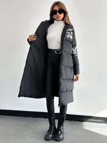 SHEIN PETITE Petite Size Women's Mid-Length Padded Jacket With Letter And Floral Print Two Side Opening Zipper - الأسود - مشاهدة 6