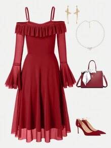Tween Girls Elegant Off Shoulder Straps Ruffled Mesh Tight Knit Dress - Red - View 2
