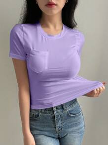 DAZY Tricou elegant pentru femei, cu guler rotund, mânecă scurtă, buzunar, casual - Violet - Vizualizare 4