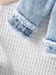 SHEIN 2 件装女婴休闲时尚拼布流苏边长袖夹克和裤子套装，春季和秋季 - 藍色 - 查看 6