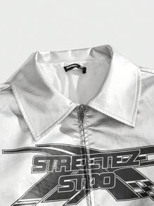 Manfinity VCAY Męska luźna kurtka ze skóry PU z nadrukiem atramentowym i długim rękawem w języku angielskim, lekka kurtka typu Going Out Vintage Silver Graphic, dla przyjaciół, męża, chłopaka