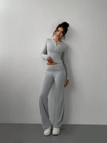 SHEIN BASICS Bộ 2 món dành cho nữ: Áo thun bó cổ tròn màu trơn đơn giản tay dài & Quần ống đứng cạp cao, mùa thu - Màu Xám nhạt - Xem 5