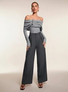 Glamine 1 件女式露肩皮革贴片装饰 T 恤，性感优雅，灰色，适合圣诞节、情人节、外出和休闲穿着，采用针织材质，非常适合女神风格，秋季 - 灰色 - 查看 6