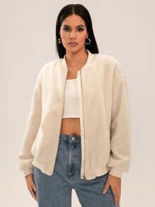 SHEIN SXY Ropa de mujer para otoño; Chaqueta de mujer retro de unicolor albaricoque con forro mullido de manga larga, abrigo casual regular simple para uso diario, abrigo de invierno grueso y cálido con pelaje, ropa de mujer para el Día de Acción de Gracias, chaqueta de invierno para mujeres, ropa de otoño para mujeres, adecuada para viajes diarios, citas y ocasiones de regreso a la escuela; Caqui, con cremallera, peludo, forro, bolsillos deslizantes - Blanco - Ver 4