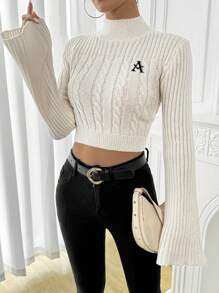 Chiquease Suéter de punto de cable con cuello alto, mangas acampanadas y bordado de letras para uso casual diario de mujer