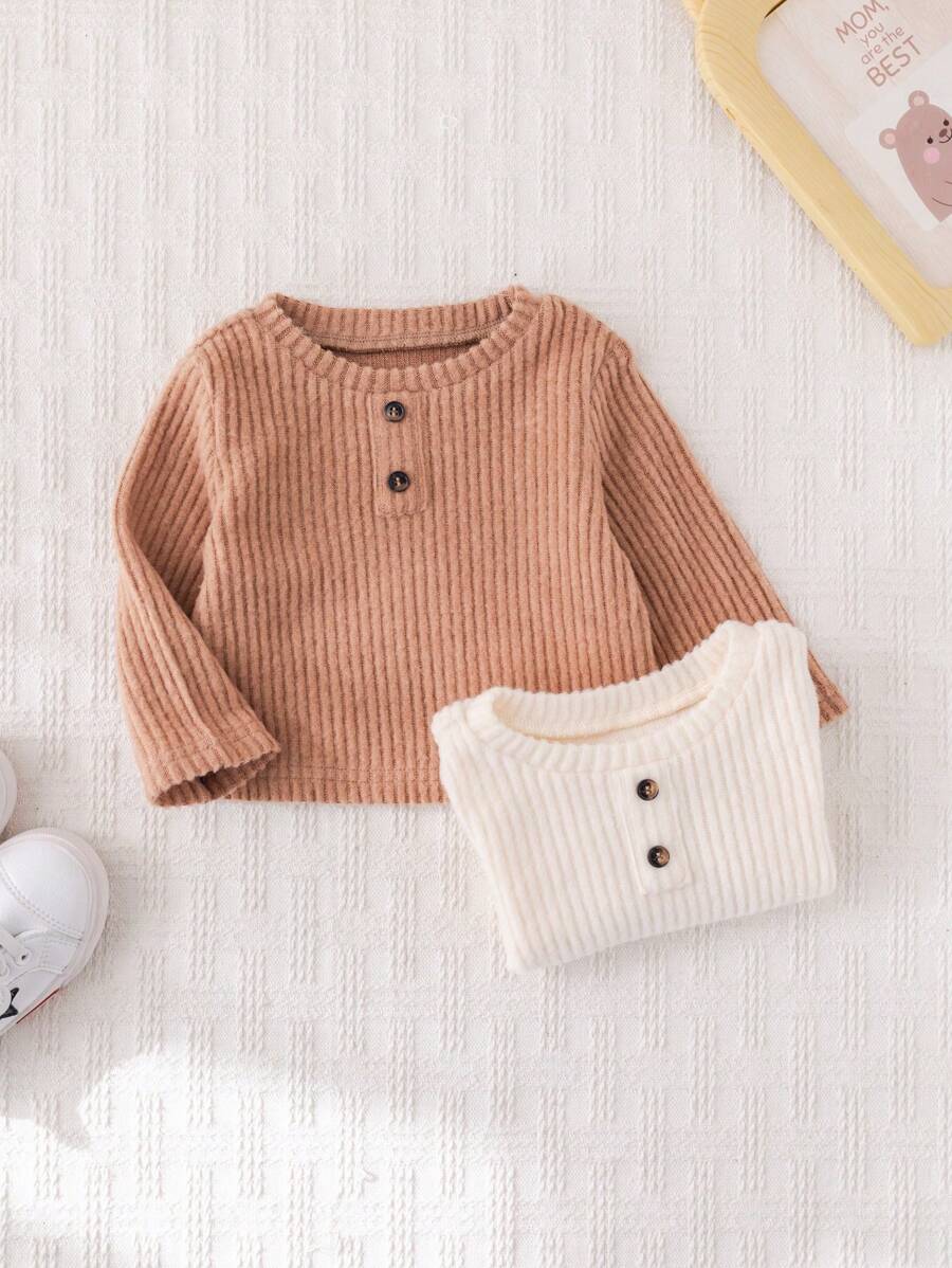 SHEIN 2 chiếc áo len dệt kim cổ tròn tay dài ấm áp kết cấu đơn giản thường ngày cho bé trai/bé gái sơ sinh, đa năng cho cả trong nhà và ngoài trời, mùa thu/đông - Màu Khaki - Xem 1