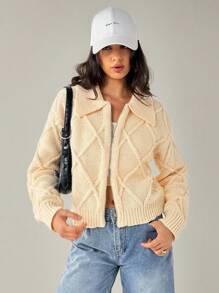 Forever 21 F21 针织双向拉链高领落肩长袖毛衣 - 杏色 - 查看 1