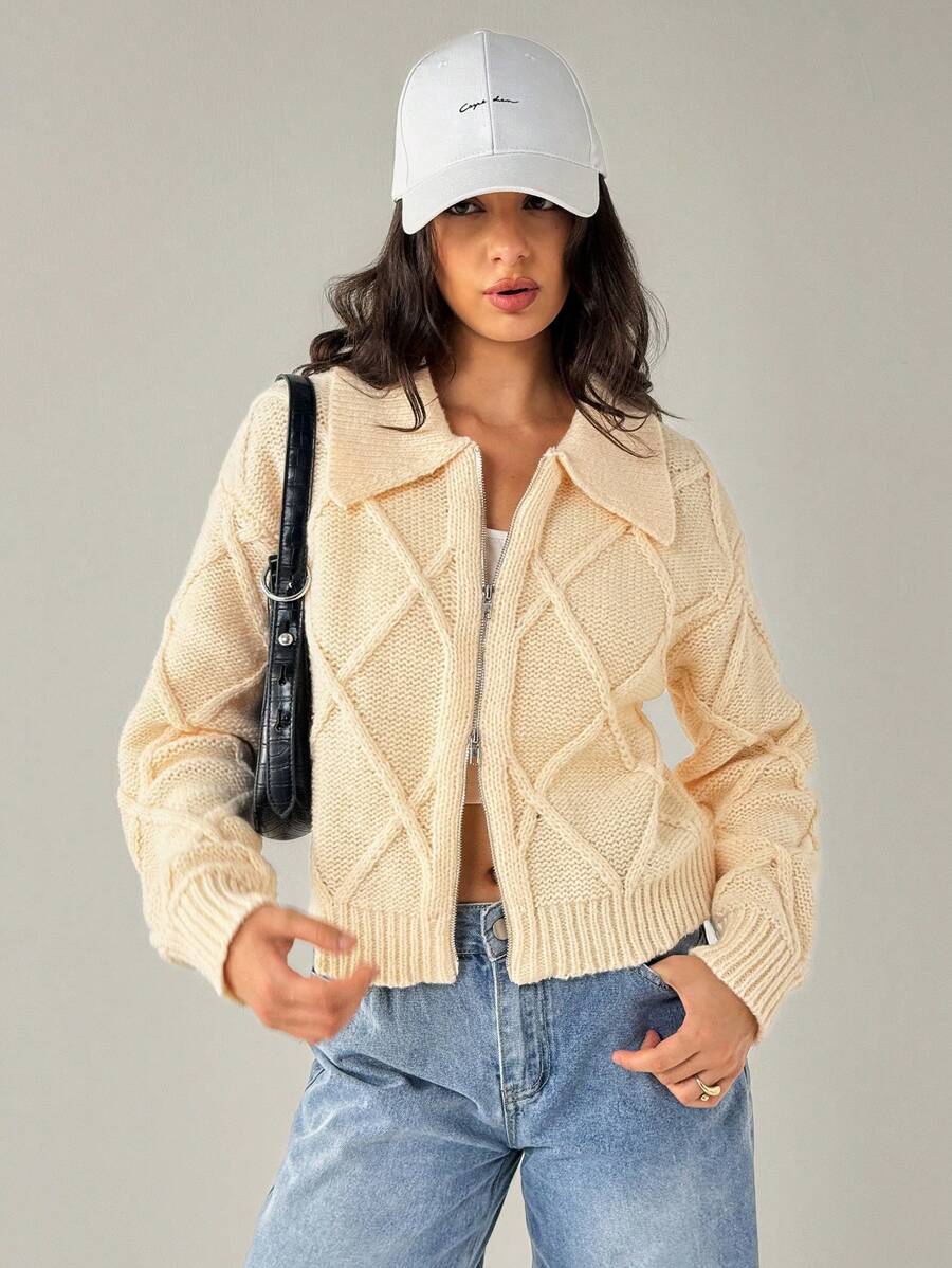 Forever 21 F21 针织双向拉链高领落肩长袖毛衣 - 杏色 - 查看 1