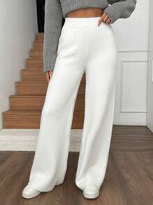 EURMUSE Fuzzy Drawstring Waist Loose Wide Leg Knitted Pants - Grey - View 1