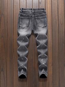 SHEIN Boys Black Ripped Paint Splatter Stretchy Slim Fit Denim Jeans - Light Grey - View 2