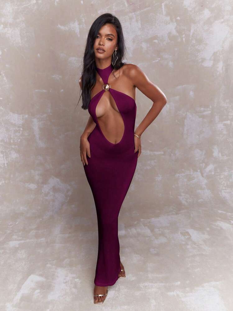 MISSGUIDED Sheer Metal Detail Halter Plunge Neck Maxi Dress