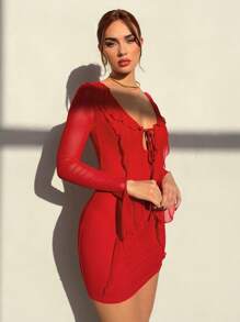 Aloruh 1pc Women Solid Color Front Tie V-Neck Elegant Long Sleeve Mini Dress