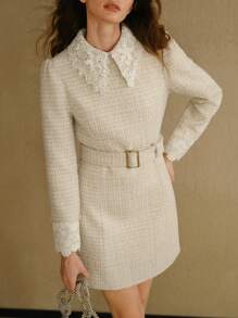 MOTF STUDIO TWEED CONTRAST GUIPURE LACE PANEL BUCKLE BELTED SHORT DRESS