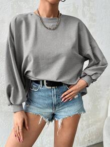 EURMUSE 100%Cotton Solid Drop Shoulder Sweatshirt Dress - Light Grey - View 3