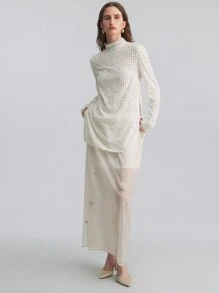 Ontre Vestido de manga larga de encaje para mujeres, con diseño de corbata, de tejido de punto acanalado, con abertura lateral, blusa elegante de cuello redondo, uso urbano y minimalista para uso diario, apropiado para otoño e invierno