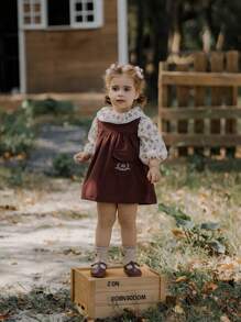SHEIN 2 pièces Top à manches longues avec col volant fleuri et robe en velours côtelé brodée, tenue pour bébé fille. Automne/Hiver - Marron - Voir 8