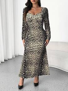 Flirla Fashionable & Sexy Leopard Print Long Sleeve Bodycon Square Neck High Waist Back Slit Dress Maxi Women Outfit Fall Cloth For Women - Multicolor - View 8