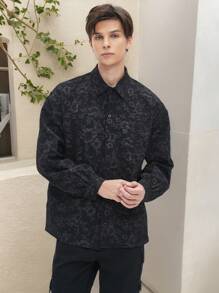 Manfinity Dauomo Áo sơ mi nam dài tay rộng rãi cài nút họa tiết hoa jacquard, mùa thu - màu đen - Xem 1