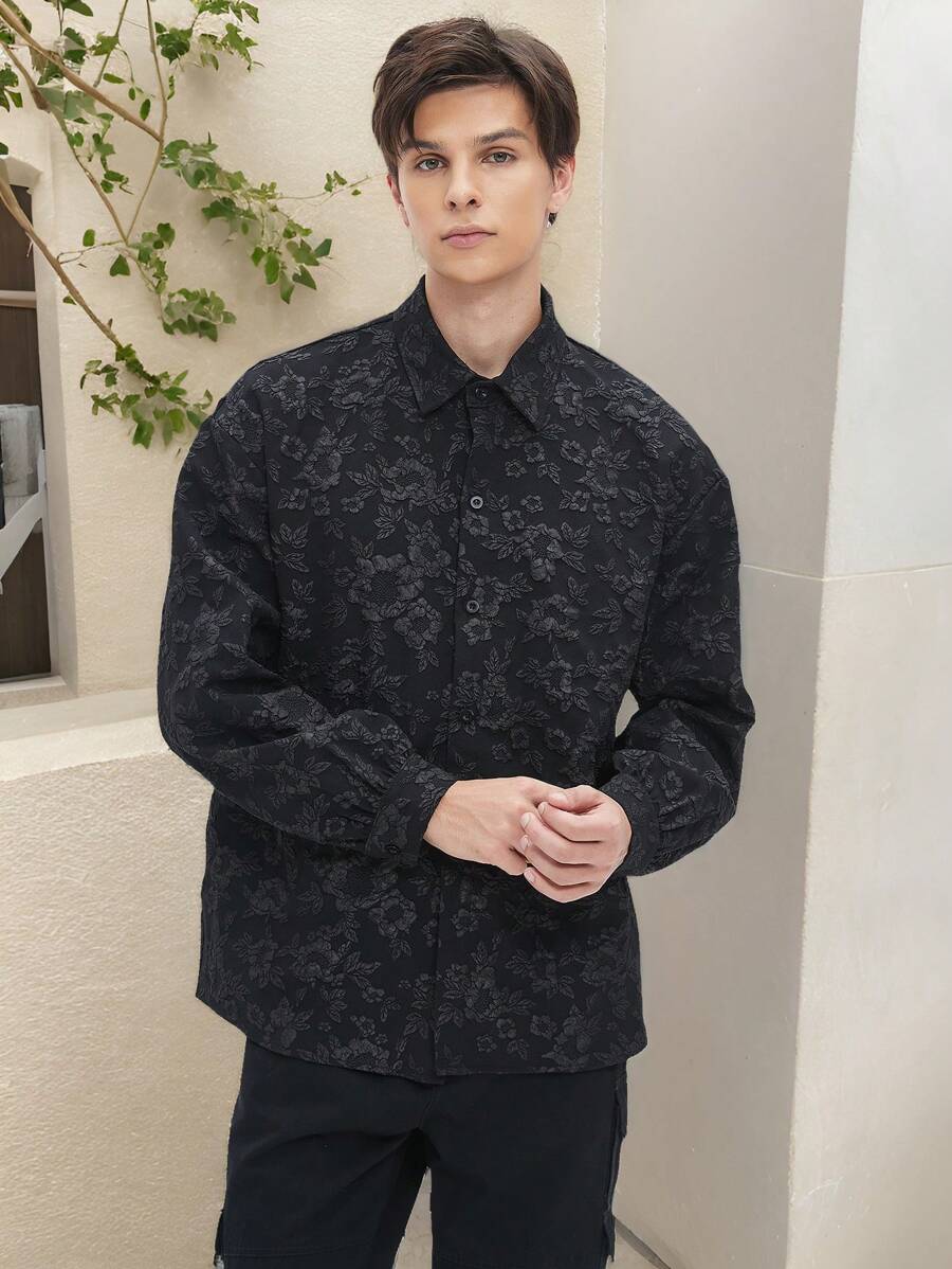 Manfinity Dauomo Áo sơ mi nam dài tay rộng rãi cài nút họa tiết hoa jacquard, mùa thu - màu đen - Xem 1