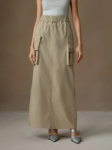 Anewsta Casual Straight Utility Cargo Skirt With Pockets, Elastic Waist Maxi