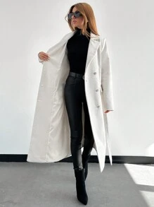 EURMUSE 1pc Women's Solid Color Double-Breasted Pocket Long Sleeve Overcoat, Autumn/Winter - White - View 6