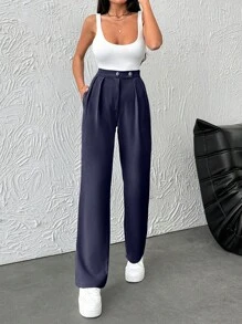 SHEIN Stijlvolle effenkleurige, hoge taille, rechte, geplooide damesbroek met meerdere knoopdetails