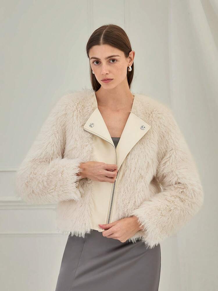 Women's Winter Solid Color Zip Collar Long Sleeve Fluffy Loose Short Jacket,Fall Women Clothes,Winter Women Clothes,Vintage Fur