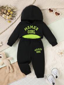 3pcs/Set Baby Girl Casual Sports Simple Design Sweatshirt Set, Spring And Autumn - Green - View 3