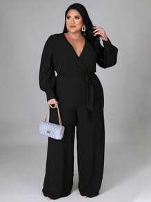 Plus Size Women Wrap V-Neck Knotted Lantern Sleeve Jumpsuit Black Spring - Black - View 5