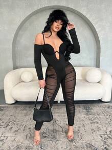 SHEIN SXY Women's Sheer Mesh Black Jumpsuit, Sexy Party Clubwear For Autumn/Winter - Black - View 4