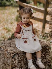 SHEIN Baby Girls 2 Pieces Set,Long Sleeve Floral Ruffled Collar Tee & A-Line Dress,Embroidery Peter Pan Collar,Soft Beige Autumn Vintage Picnic Outfits - Multicolor - View 7