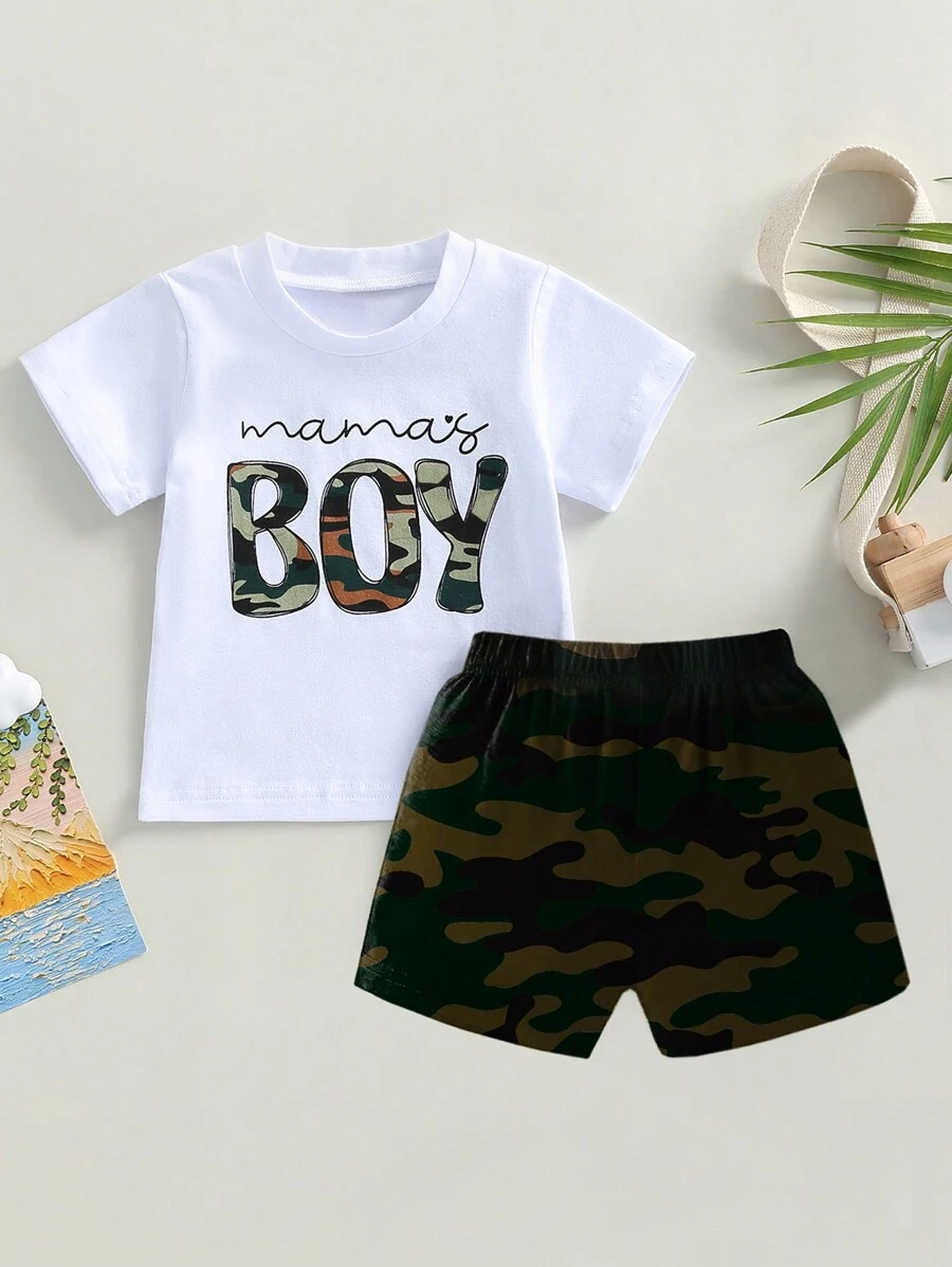 SHEIN GraphicGems Bộ 2 áo len in chữ ngụy trang "Em bé dễ thương" và quần short thể thao cho bé trai - trắng - Xem 1