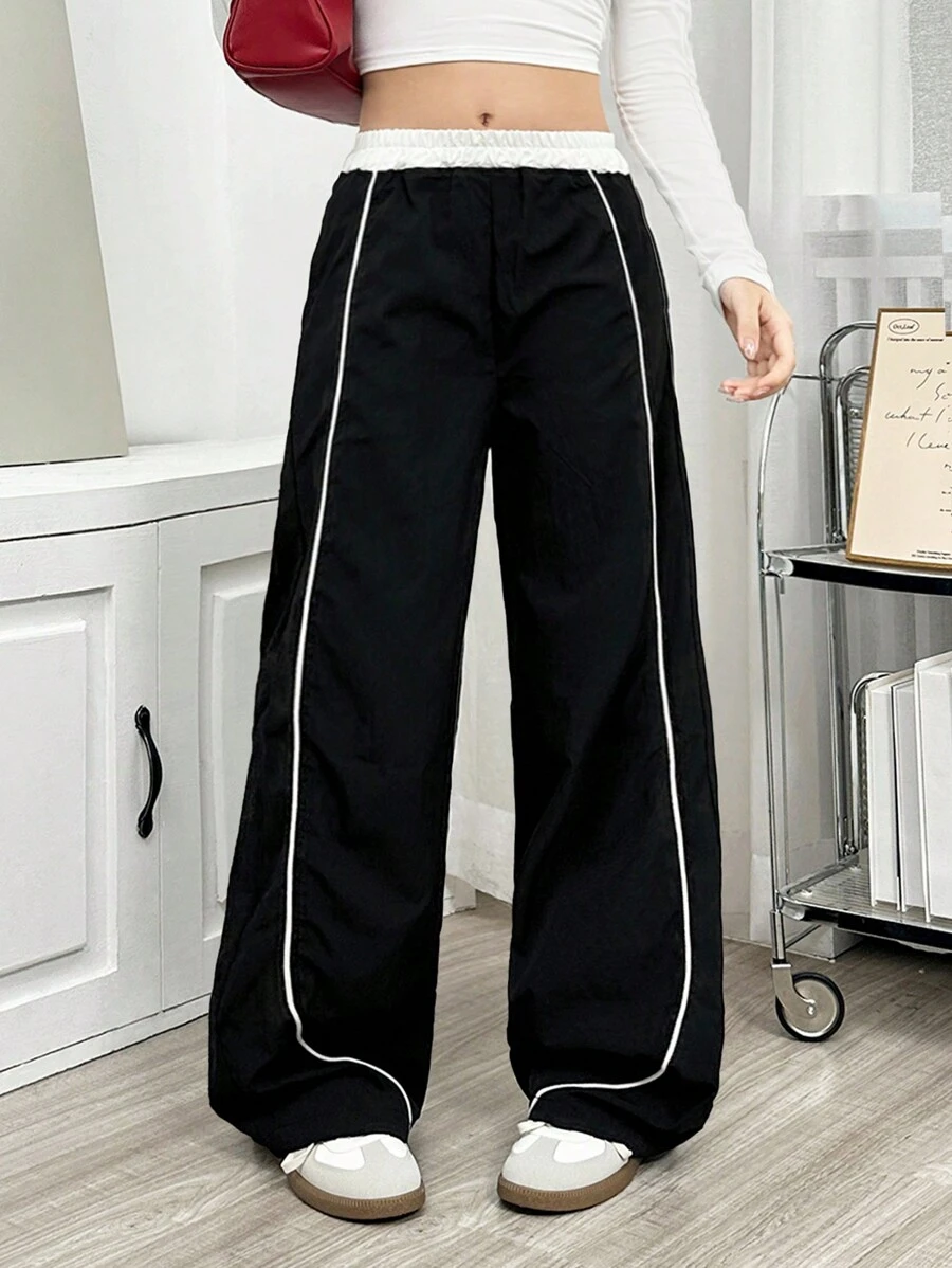 SHEIN Explorewe Quần ống rộng dáng rộng cho bé gái tuổi teen phù hợp cho các dịp hàng ngày, đi làm, thường ngày và đi học, mùa thu - màu đen - Xem 1