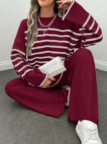 EURMUSE 2pcs/Set Women Casual Daily Wear Round Neck Contrast Stripe Drop Shoulder Sweater And Pants - Burgundy - View 4