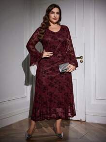 Modelyn Plus-Size Burgundy Round Neck Long Sleeve Elegant Dress,Autumn Floral Print A-Line Casual Maxi Dresses For Evening Wedding Guest Party Outfit - Burgundy - View 5