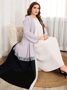 Al Najma Áo khoác cardigan dài hở phía trước viền ren tương phản cỡ lớn cho nữ, áo abaya hở tay dài thanh lịch, mặc thường ngày - Nhiều màu - Xem 1